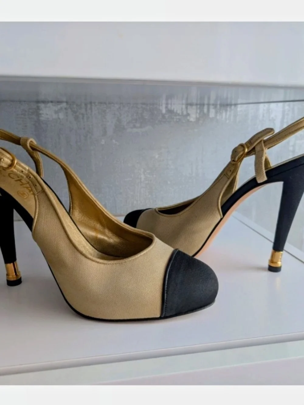 CHANEL Cream and Black Two-Tone Slingback Heels